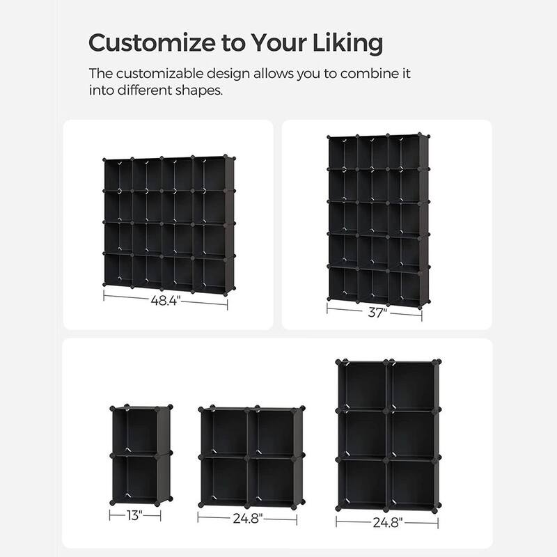 Black 16-Cube DIY Storage Organizer Shelf with ABS Connectors and Shelving for Living Room or Entryway