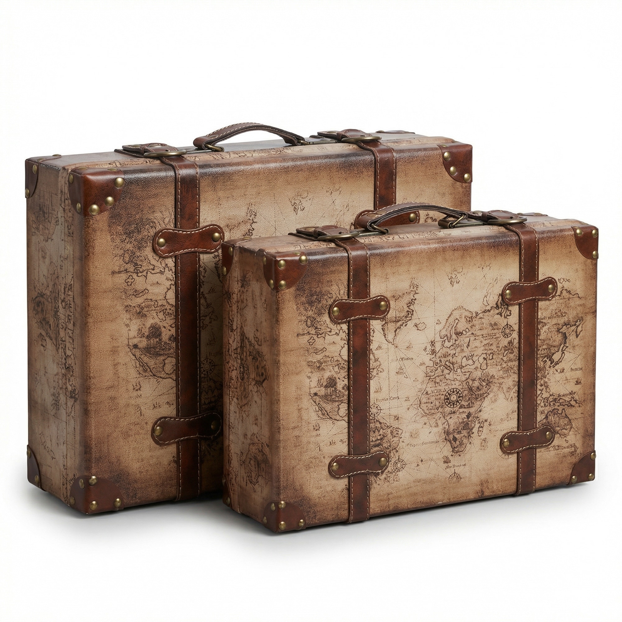 Old World Map Leather Vintage Style Suitcase with Straps (Set of 2) - Brown
