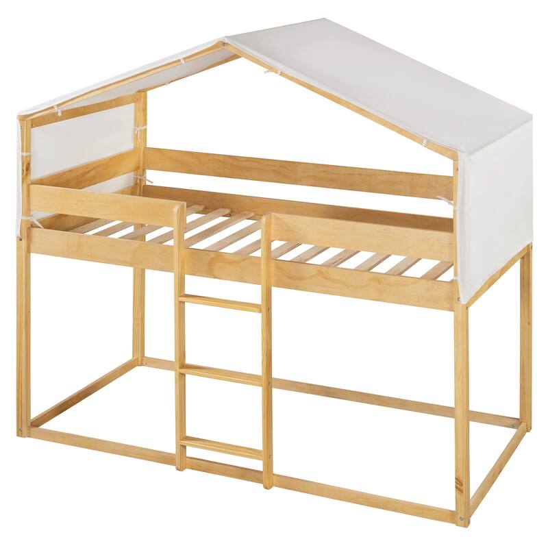 Twin Over Twin Wood Bunk Bed with Play Tent and Espresso Solid Wood, 250lb Capacity, Fun House Design for Kids