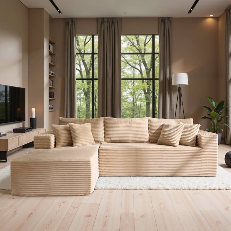 HOOOWOOO Modular Plush Upholstery L-shaped Sofa with Chaise Lounge - Beige-Left Chaise