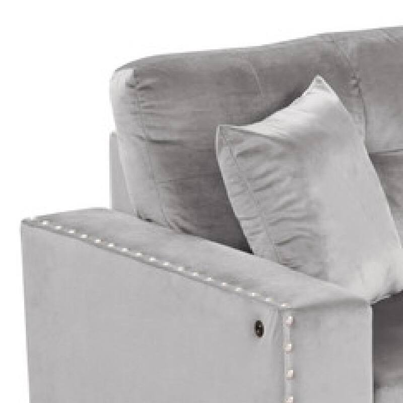 Renza 74 Inch Reversible Sectional Sofa w Chaise, LED USB, Gray Velvet