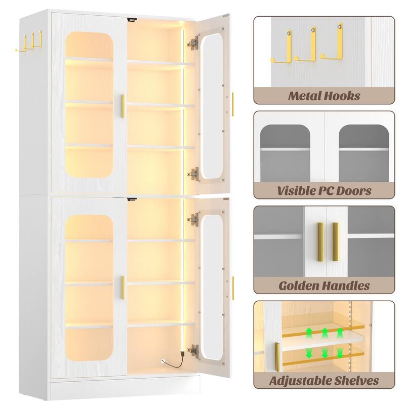 8-Tier Shoe Cabinet with LED Light, 32 Pairs Tall Shoe Storage Organizer with Side Hooks