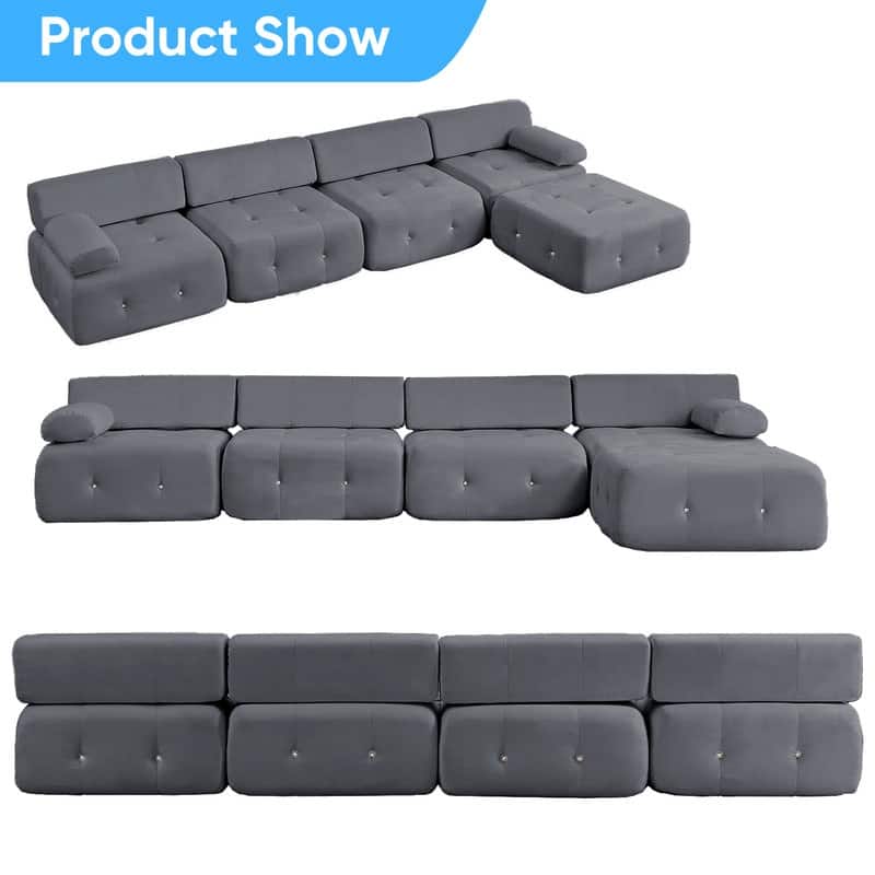 Mixoy 134inch Modular Sectional Sofa with Ottoman,Velvet L-Shaped Couch Indoor for Living Room - 133.9"w x 66.9"D x 24.8"H