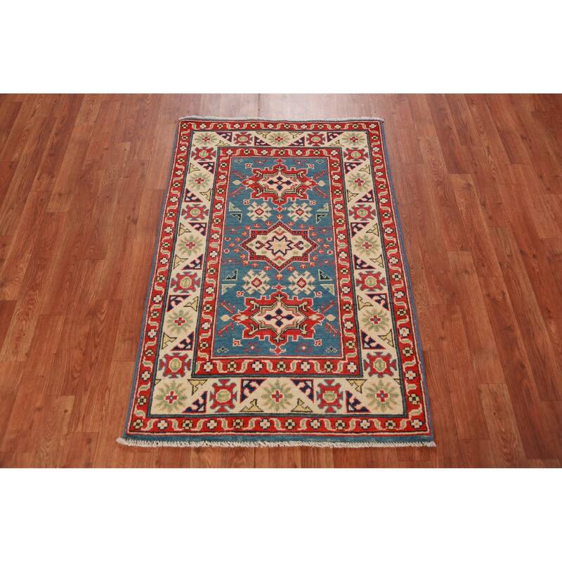 Blue Kazak Foyer Rug Geometric Hand-Knotted Wool Carpet - 2'7"x 4'0"
