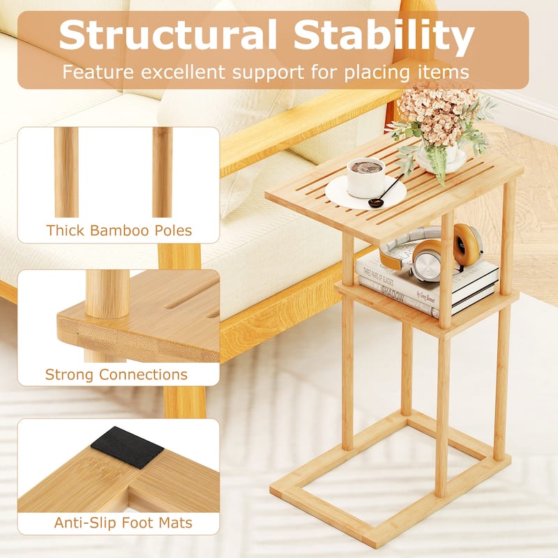 Gymax Side Table Set of 2 w/Storage Shelves & Bamboo Construction for