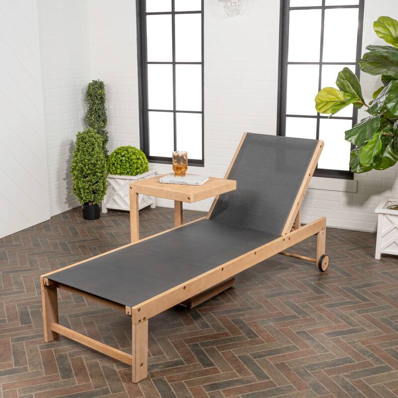 Barclay Coastal Modern Acacia Wood Mesh 3-Position Outdoor Chaise Lounge Set with Side Table, by JONATHAN Y