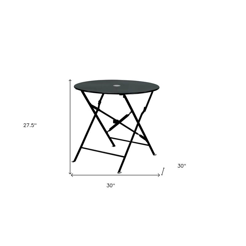 30" Black Rounded Aluminum Folding Outdoor Bistro Table with Umbrella Hole