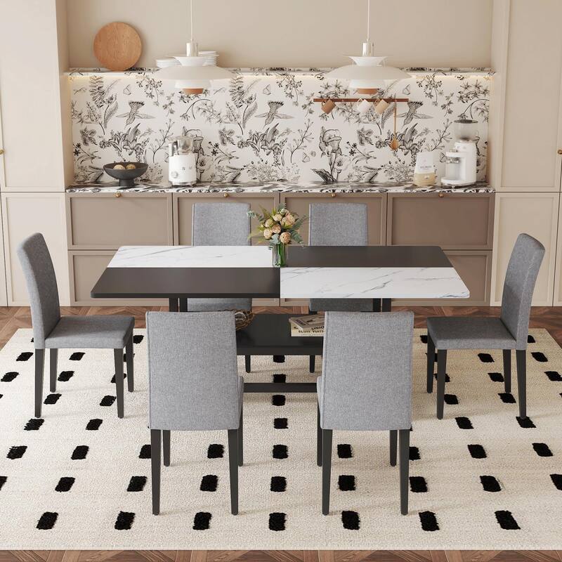 71" Two-Tone Rectangular Dining Table Set with Lower Storage Shelf, Modern Kitchen Dining Table & Chairs Set for Family