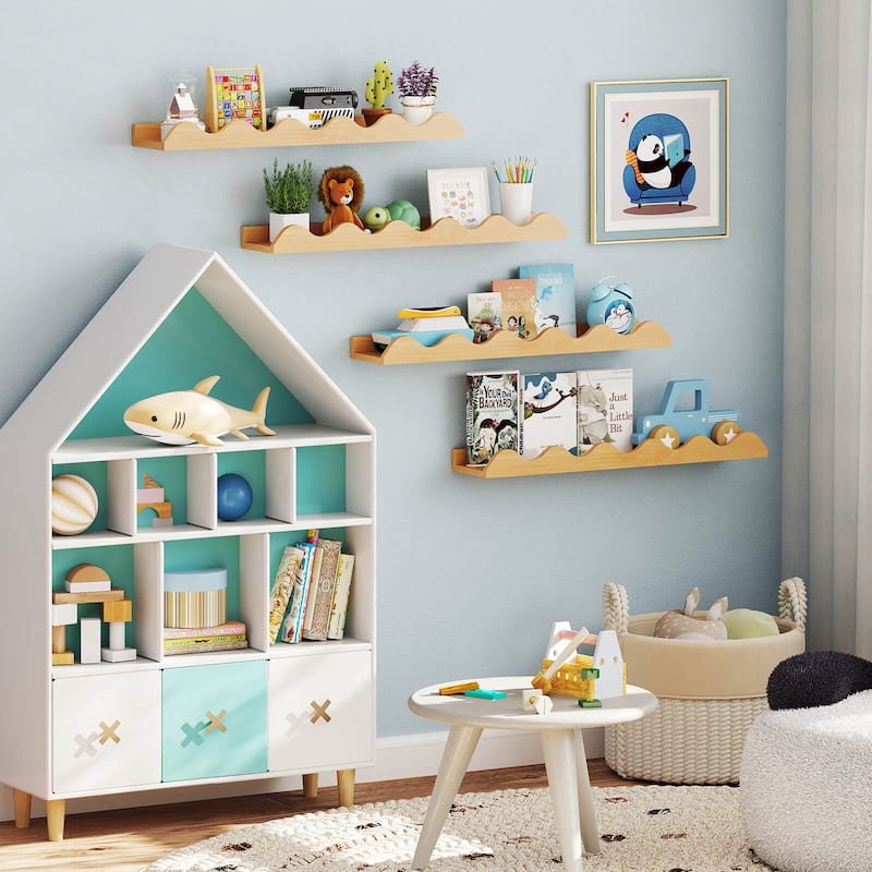 Costway Kids Bookshelf Set of 4 with Fir Wood Structure & Wavy - See Details