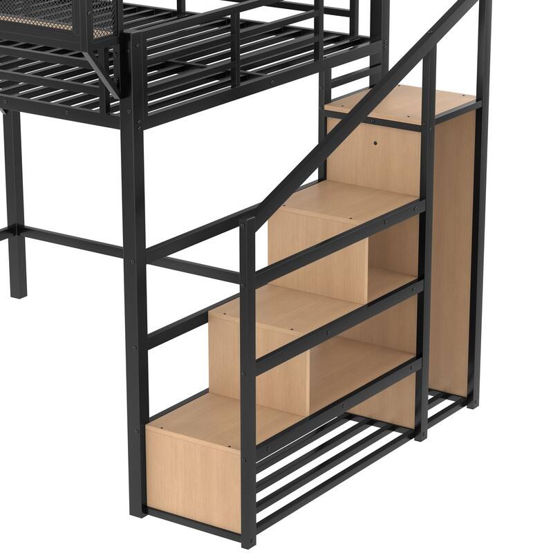 Queen Size Loft Bed with Storage Staircase & Open Wardrobe, Metal Kids Teens Bed Frame with Charging Station & LED Light