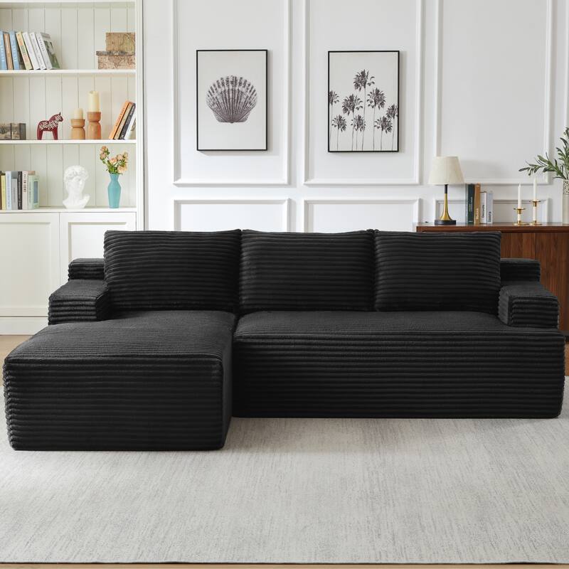 Rossetta L-Shaped Left-Facing Modular Classic Corduroy Fabric Striped Sectional Sofa with Deep Seat - Black