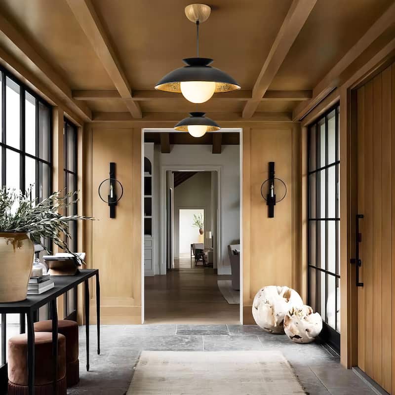 1-Light Modern Dome Gold Leaf Wood Frosted Glass Globe Bubble Pendant Light for Kitchen Island