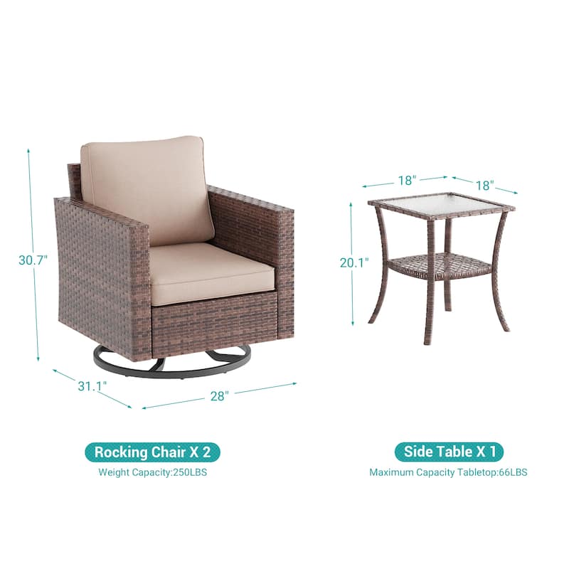 BONOSUKI 3Pcs Patio Swivel Rocking Sofa Set Brown Rattan w/Glass Table