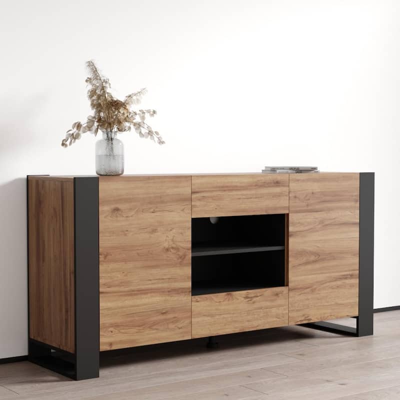 Meble Furniture Woody 65-inch Modern Sideboard Buffet with Metal Legs and Open Shelf Display