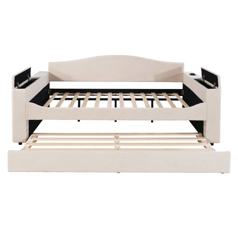 Full Size Upholstered Daybed with Storage Armrests, Trundle, and Bluetooth Audio System