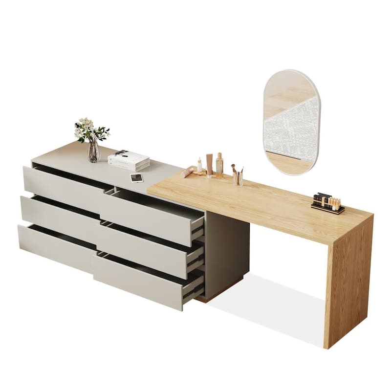 55.2 Inch White Corner L-Shaped Dressing Table with 6 Drawers Perfect for Bedrooms or Study Rooms