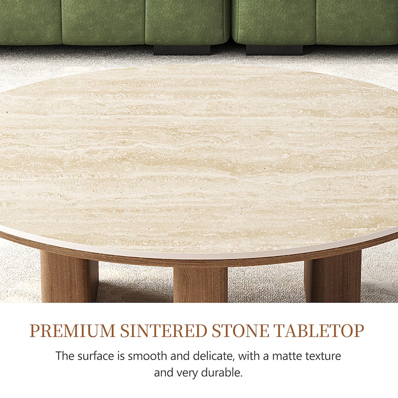 35.4'' Mid-Century Modern Round Coffee Table with Stone Countertop, Stain-Resistant Center Table for Living Room