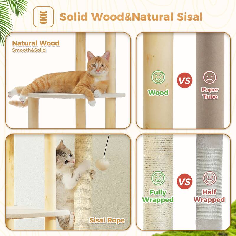 53" Modern Wooden Cat Tower for Indoor Large Cats, Multi-Level Cat Condos with Long Scratching Posts and Scraping Columns