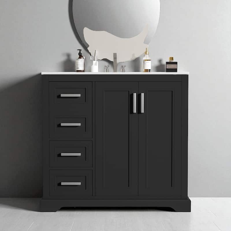 36" Modern Bathroom Vanity with Ceramic Sink, Soft-Close Doors & Ample Storage, 3 Drawers and Adjustable Shelf - Black
