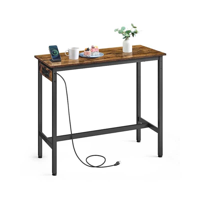 Rustic Brown & Black Bar Table with USB Ports Narrow 39.4'' Pub Table with Power Strip - 39.4" x 15.7" x 39.4" - Brown