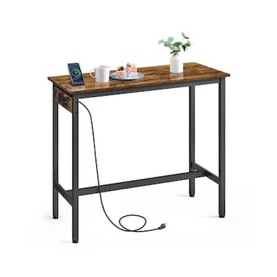 Rustic Brown & Black Bar Table with USB Ports Narrow 39.4'' Pub Table with Power Strip - 39.4" x 15.7" x 39.4"
