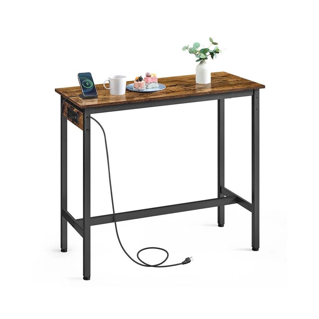 Rustic Brown & Black Bar Table with USB Ports Narrow 39.4'' Pub Table with Power Strip - 39.4" x 15.7" x 39.4"