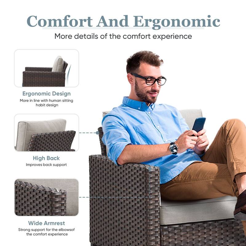 Pocassy Sofa Set with Grey Wicker Fire Table - Brown Wicker Sofa Chair w/ Grey Wicker Fire Table
