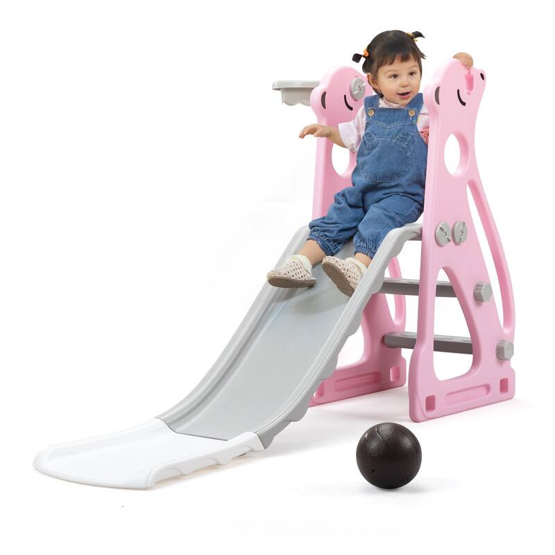 Multi-functional Kids Slide,Climber Playground with Basketball Hoop, Indoor Outdoor - Gray+Pink