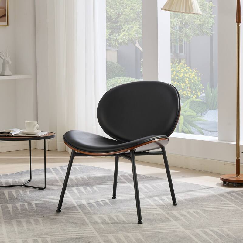 GDF Studio - Shells Mid-Century Modern Fabric Lounge Chair with Walnut Wood Base and Comfortable Curved Backrest - Black