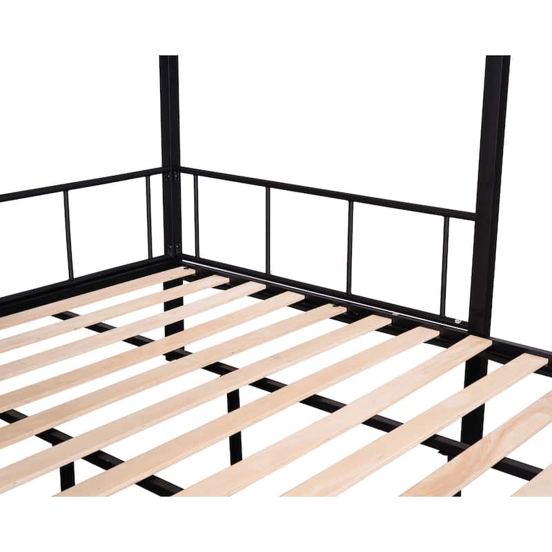 Twin over Full Size Metal Steel Bunk Bed with Shelves, Grid Panel, Sturdy Metal Bed Frame and Noise-free Wood Slats