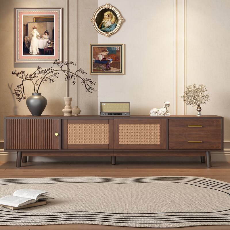 Mid Century Modern TV Stand Entertainment Center for up to 80" TVs, Rattan Sliding Doors TV Cabinet with Drawers for Living Room - Dark Brown