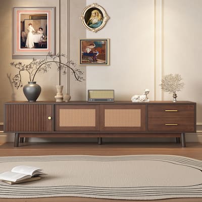 Mid Century Modern TV Stand Entertainment Center for up to 80" TVs, Rattan Sliding Doors TV Cabinet with Drawers for Living Room