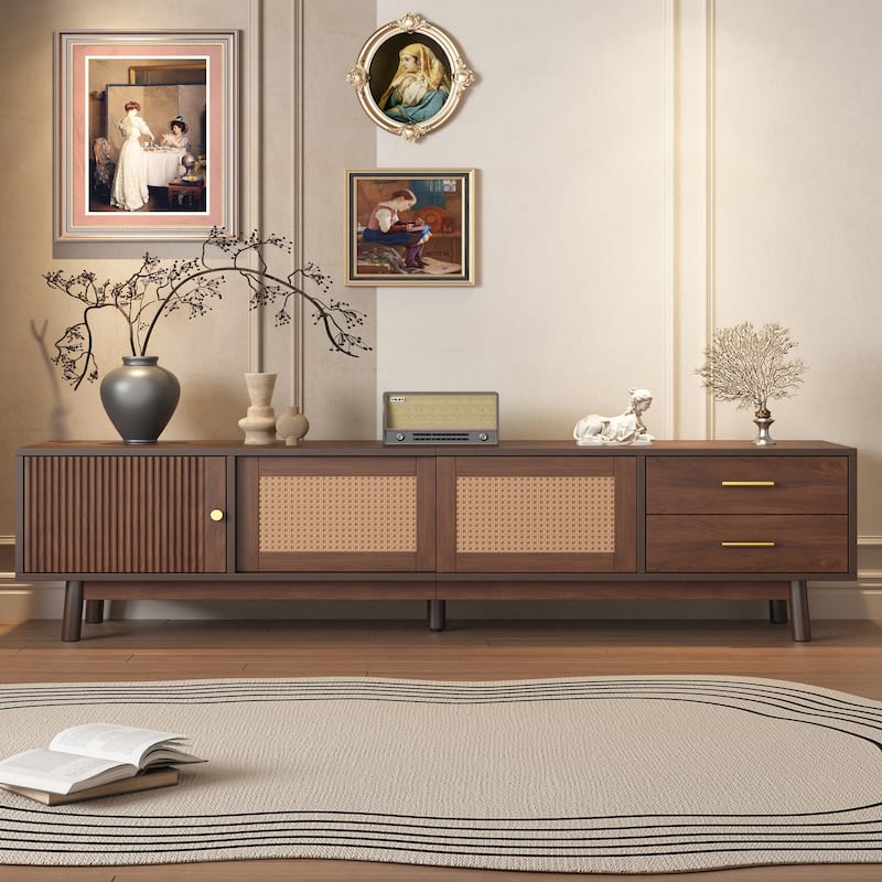 Wooden TV Stand for 80" TVs, TV Media Storage Cabinet with Rattan Sliding Doors and 2 Drawers, Rectangle TV Table Console