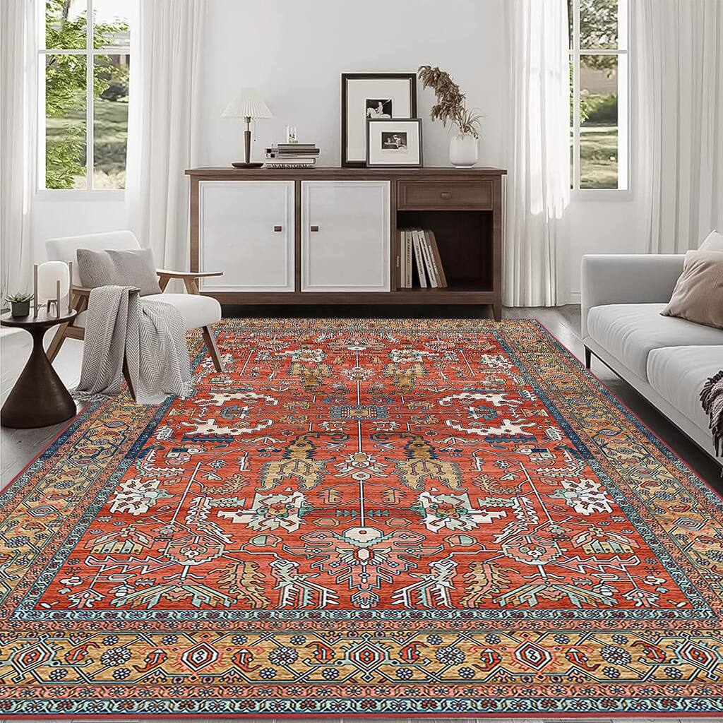 Area Rug 8x10 Vintage Bohemia Non-slip Washable Rug Abstract Style Red - 8" x 10"