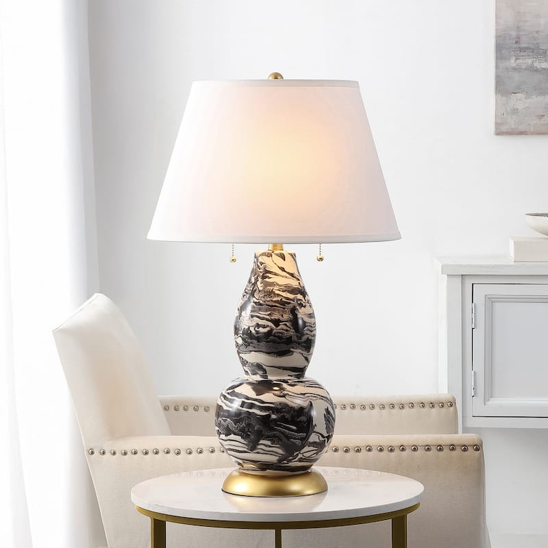 SAFAVIEH Lighting Sebrina 29-inch Navy And White Color Swirls Glass Table Lamp (Set of 2) - 17"x17"x28" - 17Wx17Dx28H