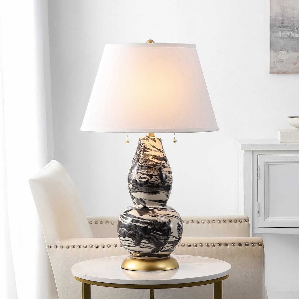 SAFAVIEH Lighting Sebrina 29-inch Navy And White Color Swirls Glass Table Lamp (Set of 2) - 17"x17"x28" - 17Wx17Dx28H