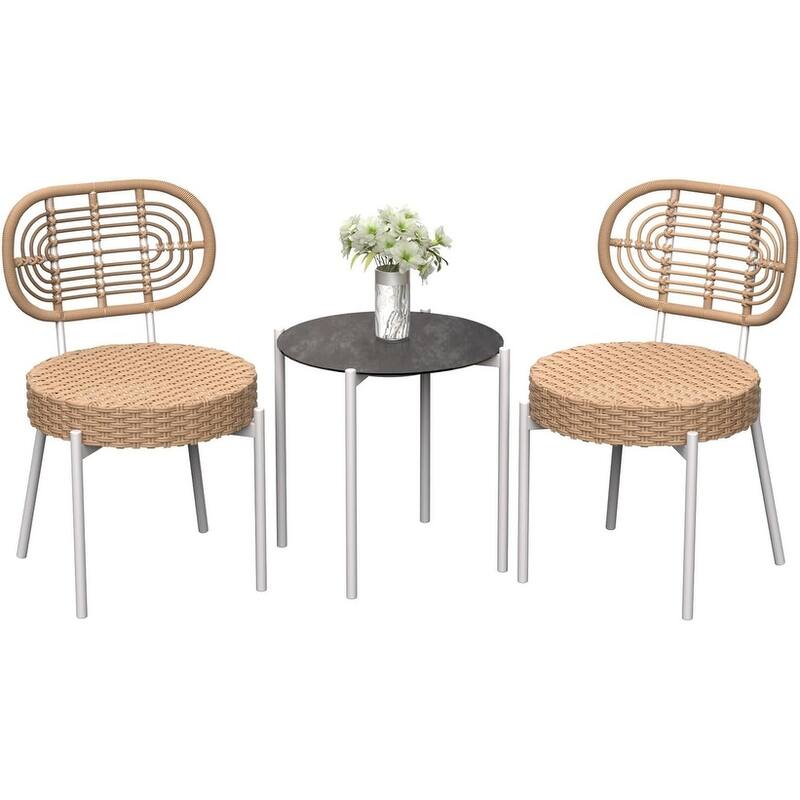 3 Piece Outdoor Bistro Set, Patio Rattan Bistro Set with Coffee Table, White Steel Frame + Grey Rattan - N/A