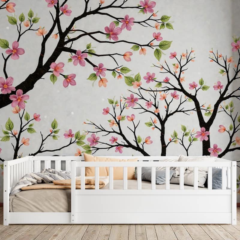 Montessori Wooden Floor Bed with High Safety Fence and Door, Pine Kids Floor Bed Frame for Boys and Girls - White - Twin