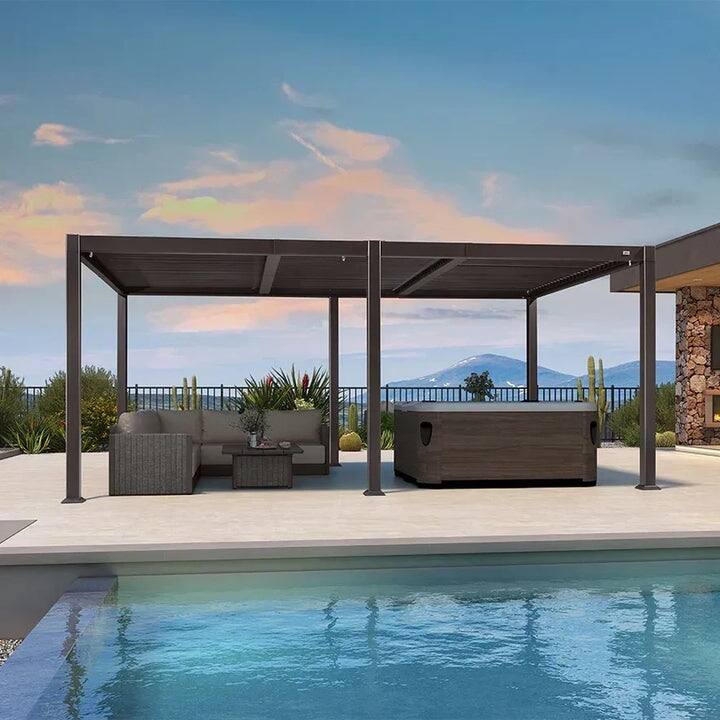 PURPLE LEAF Solar Louvered Pergola with LED String Lights Aluminum Outdoor Pergola with Adjustable Roof for Patio Garden - 11' x 18' - Bronze