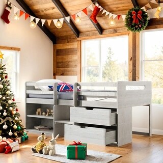 Twin Size Loft Bed With Two Shelves And Two Drawers