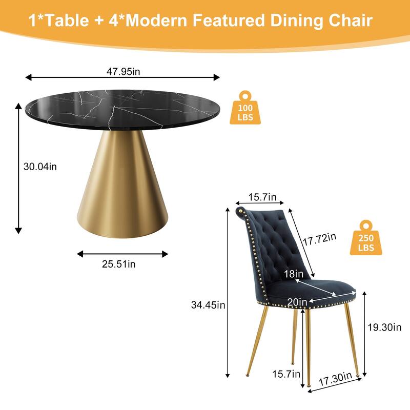 48" Marble Top Metal Dining Table with Velvet Dining Chair Set