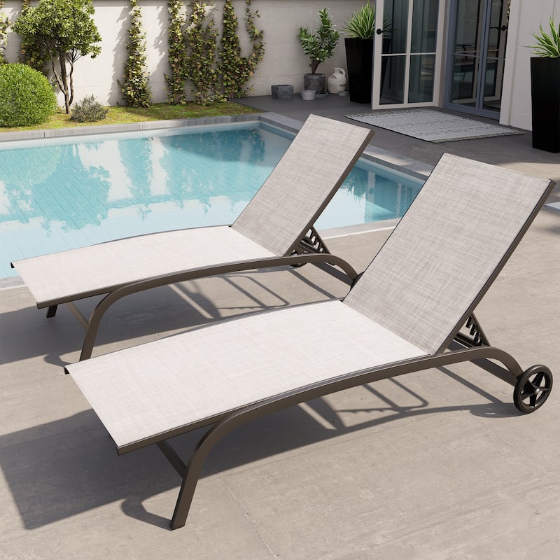 Outdoor Chaise Lounge Chair Pool Lounger with Adjustable Back and Wheels - 21.85" wide, Beige - 2PC