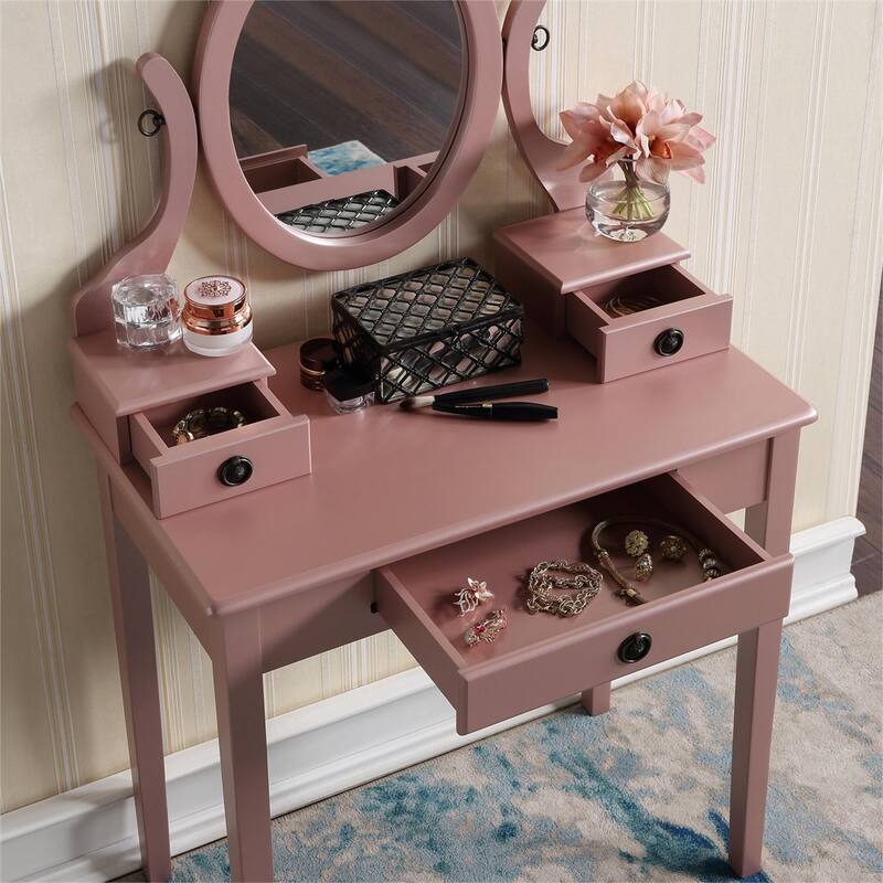 Wood Makeup Vanity Table and Stool Set with Swivel Adjustable Mirror