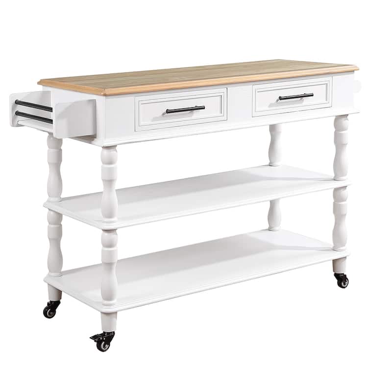 Rolling OAK Wood Top Kitchen Cart with Wine Rack and 2 Drawers