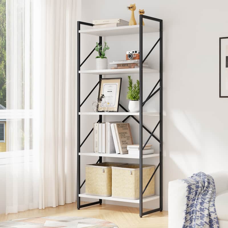 H-Shaped 5-Tier Storage Bookcase, 62.2" Tall Standing Bookshelf with Adjustable Feet - White/Black