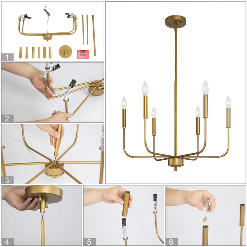 Rustic Antique Gold Chandelier Linear Pendant Lighting 6-light Metal Candle Chandelier for Dining Room