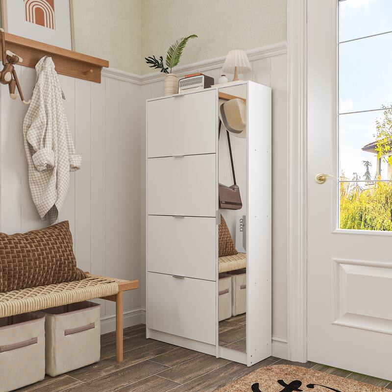 White Shoe Cabinet with Full-Length Mirror Stylish Vertical Storage