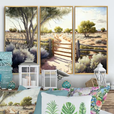 Designart "View Of The Pasture IV" Farmhouse / Country Framed Canvas Art Print - 3 Panels