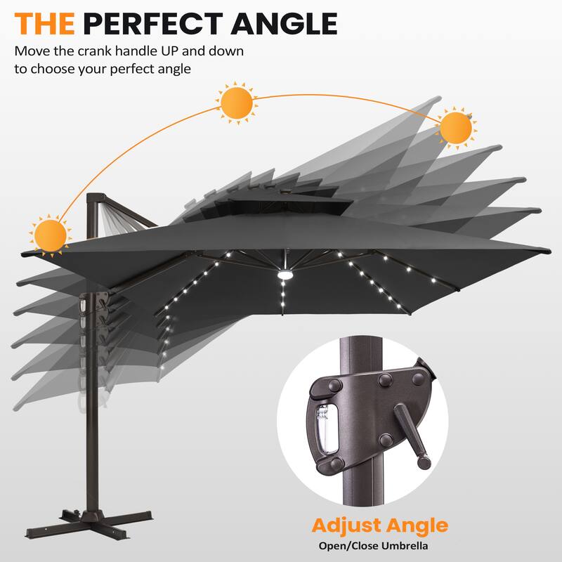 VredHom 9x11 FT Daul Top Rectangular Outdoor Patio Cantilever Umbrella Solar LED Lighted with Rod Base