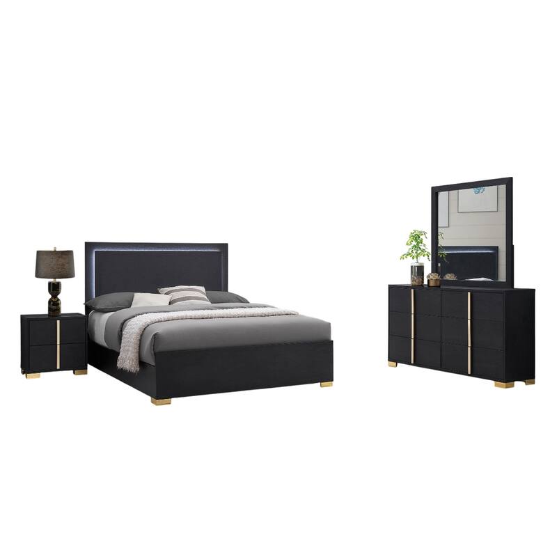 Dex 4 Piece Full Bedroom Set, Black, Gold Accents, LED Headboard